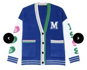 Maje Varsity Logo Appliqué Cardigan Wool Blend Blue Size  FR 2/ Medium